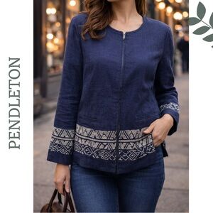 Pendleton Linen Jacket Navy Blue Tribal Hem Medium